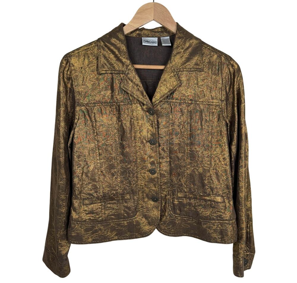 Chico's Metallic Silk Linen Boxy Jacket Bronze Gold Jacquard Boho Size 1